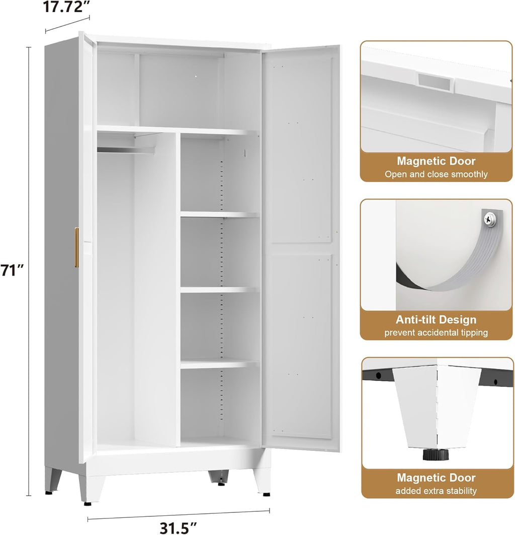 71'' Farmhouse Metal Wardrobe Cabinet with Hanging Rod, 2 Barn Door Wardrobe Closet with 5 Adjustable Shelves,Drawer,for Dining Room,Bedroom,Living Room, Cloak Room,Office (White)