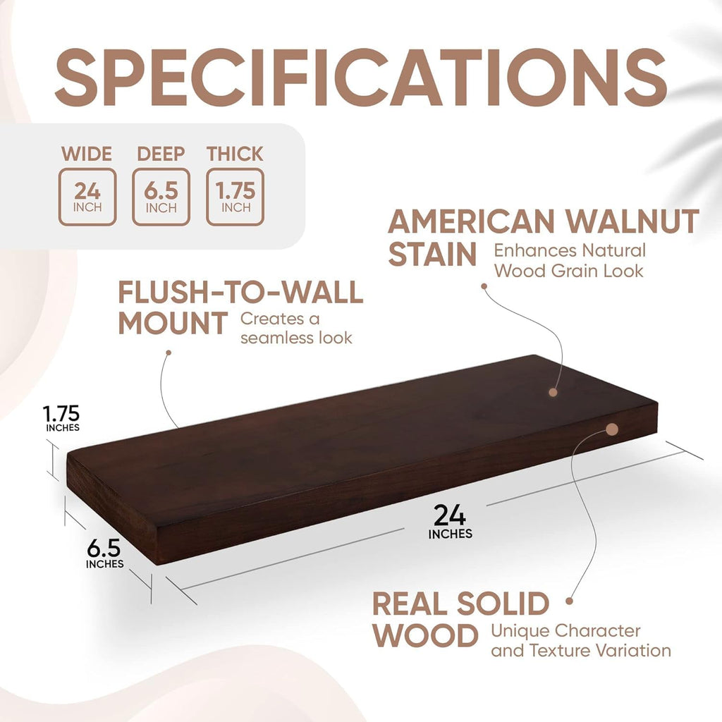Homeforia 24inch Walnut Floating Shelves for Wall, High End Solid Real Wood 24in Floating Shelf for Bathroom, Dark Brown 24 inch Long Floating Shelves, Heavy Duty Bracket, 24 X 6.5 X 1.75 in, Set of 2