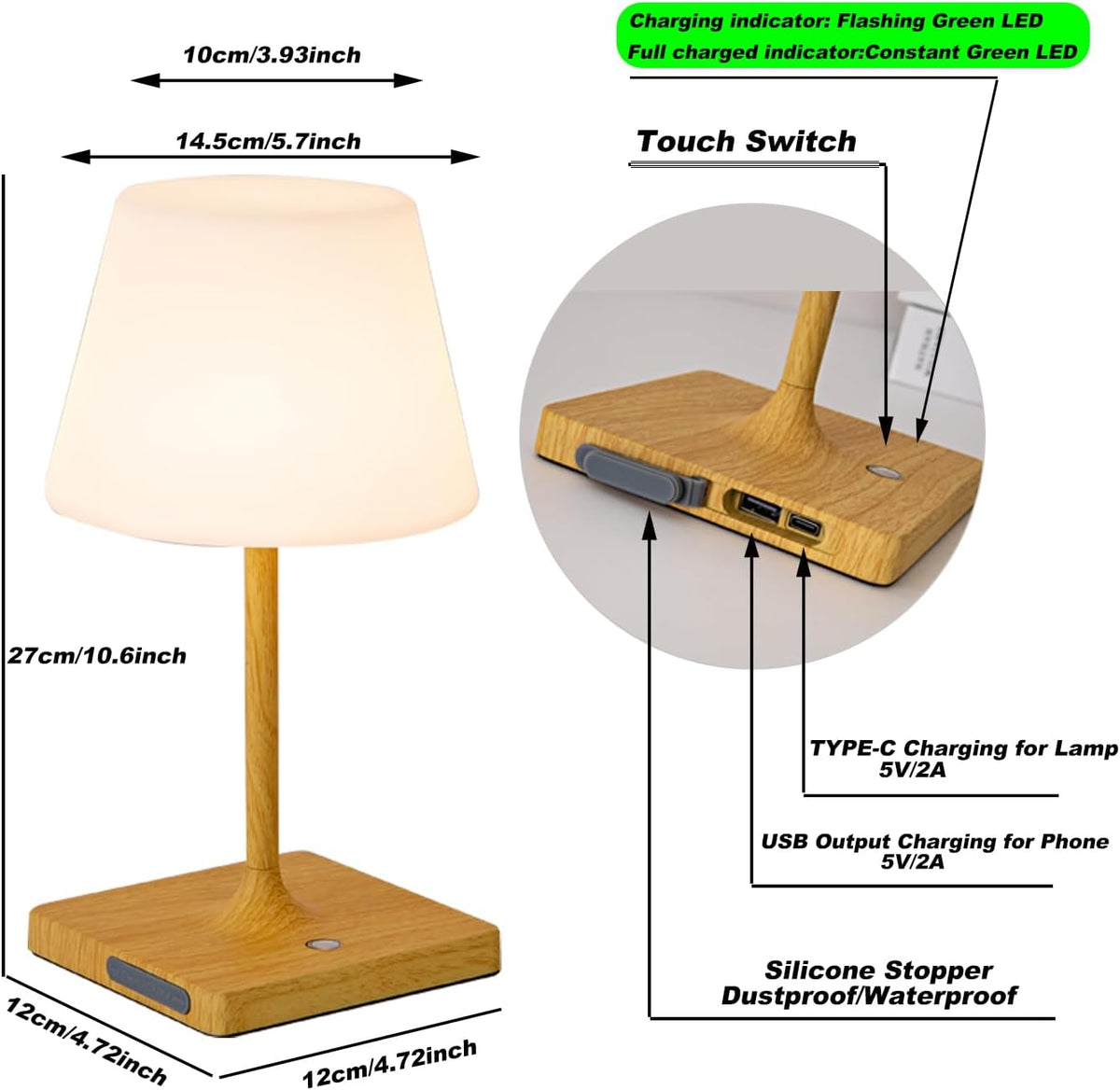 Cordless Table lamp, Outdoor Battery Operated Rechargeable Desk lamp,Waterproof Shower Lamp,4000mAh LED 3 Colors Dimmable Touch Lamps for Camping Patio Courtyard Bedroom-Wood