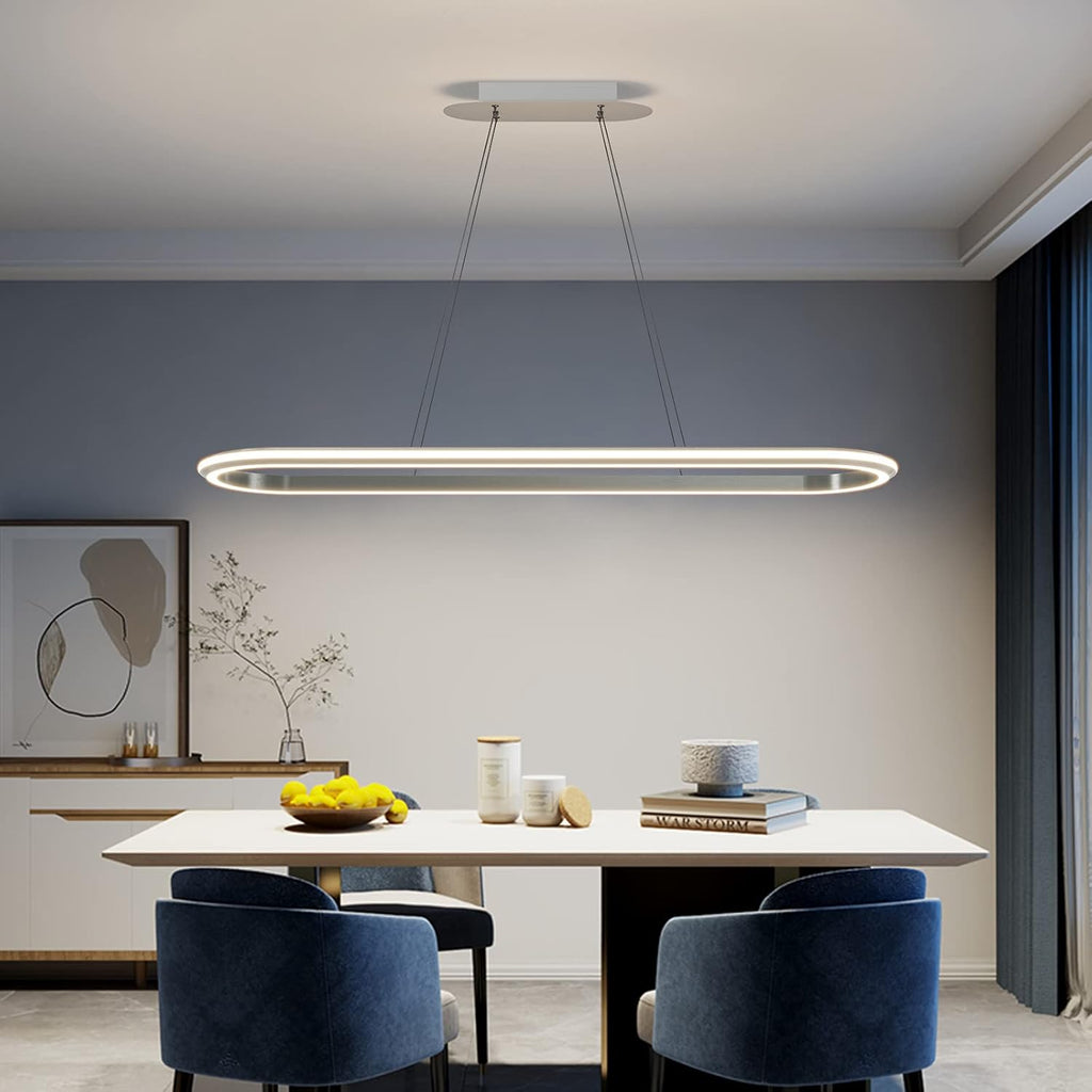 Island Lights, Linear Pendant Light LED Dimmable Hanging Light Fixture, 3000K-6000K with Remote Control,Chandeliers for Dining Room‎(Silver,43.3IN)