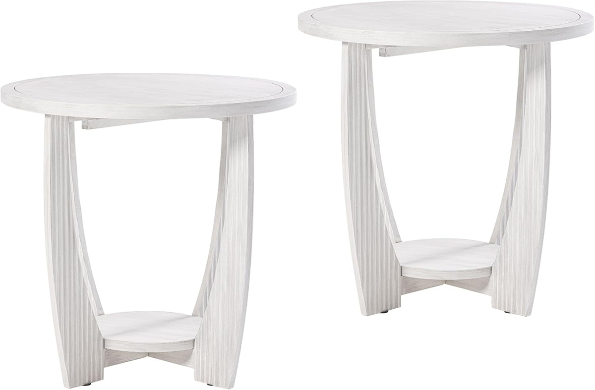 Rustic Farmhouse end Table X 2P with Storage Shelf, French Country Accent Side Table for Family, Dinning or Living Room, Small Spaces, Modern, Round, White