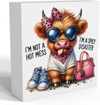 Funny Cute Highland Cow Baby Decor, Cow With Pink Bow, Highland Cow Gifts for women, Western Highland Cow Nursery Decor, Wooden Box Decor Sign for Home Farmhouse Office Living Room Table Shelf