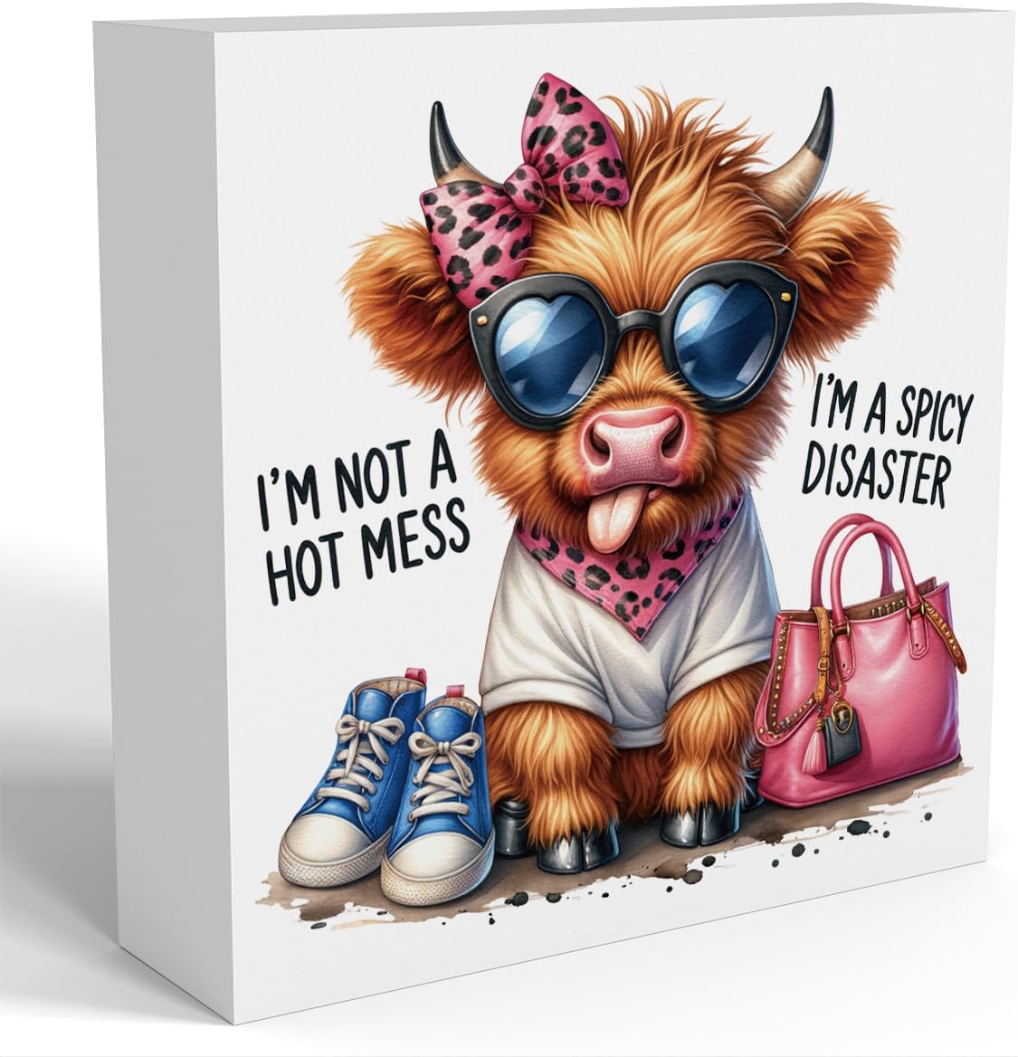 Funny Cute Highland Cow Baby Decor, Cow With Pink Bow, Highland Cow Gifts for women, Western Highland Cow Nursery Decor, Wooden Box Decor Sign for Home Farmhouse Office Living Room Table Shelf