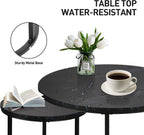 Round Modern Nesting Coffee Table Set of 2,Waterproof Faux Marble Wood Top & Metal Frame and Easy Assembly for Living Room,Office,Balcony (Black+Black