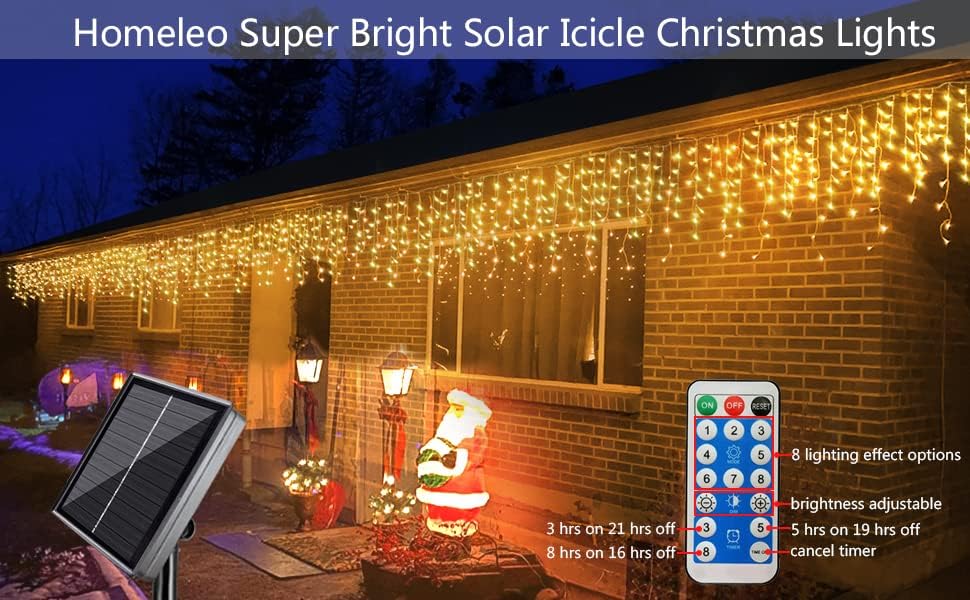 Homeleo Solar Icicle Lights, Outdoor Warm White LED Icicle Lights for Outside Christmas Decorations, Holiday Xmas House Porch Girls Bedroom Decor (14.5Ft/30 Drops/160 LED)