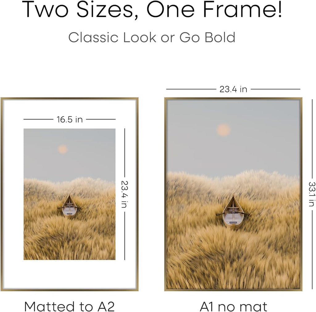 Homeforia A1 Poster Frame Bronze, High End Metal 23.4 x 33.1 inch Large Picture Frames with Mat for 16.5 x 23.4 Photo, A1 Size Brass Frame Matted to A2 Print, 23.4x33.1 Frame, Tempered Glass, Set of 1