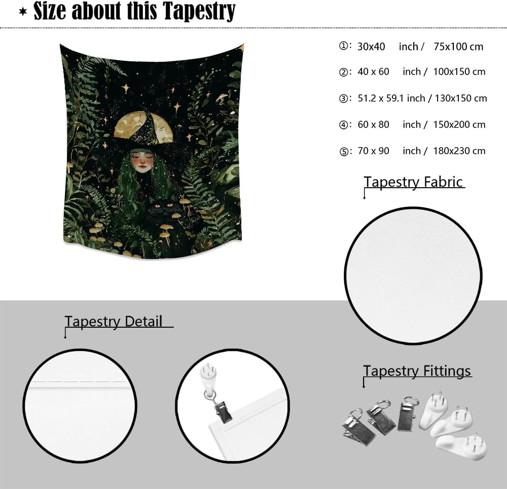 Moon Witch Tapestry Wall Hanging Mystical Botanical Green Print Dark Forest Witchy Decor Gothic Magical Black Cat and Moon Tapestries for Bedroom Living Room Dorm Decoration Aesthetic 40x60inch