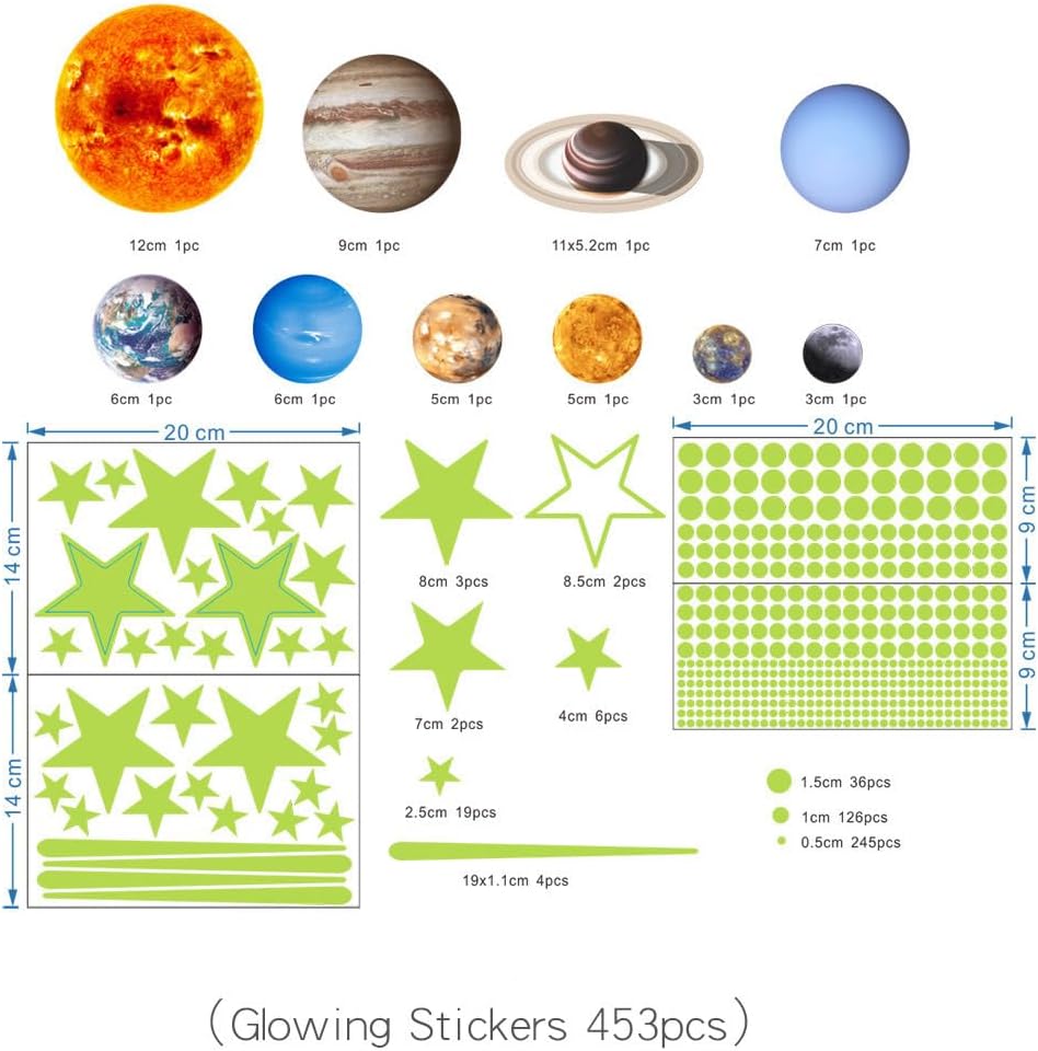 Quanhaigou Glow in The Dark Stars and Planets, Bright Solar System Wall Stickers -Glowing Ceiling Decals for Kids Room,Shining Space Decoration