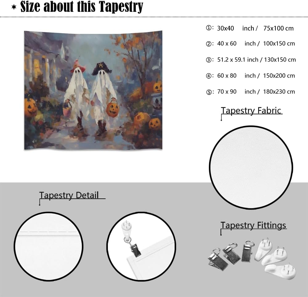 Funny Halloween Ghost Tapestry Wall Hanging Cute Kids Nursery Room Decor Trick or Treat Art Print Goth Fall Pumpkin Ghost Tapestries for Living Room Bedroom wall Decor 40x60inch