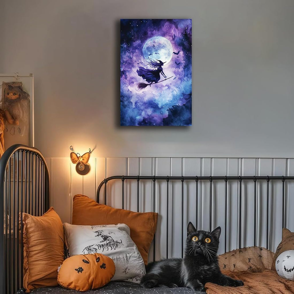 Witch On Broom Flying Wall Art,Gothic Halloween Canvas Wall Art,Victorian Witch Silhouette In Moonlight Broomstick Poster Pictures,Creepy Halloween Purple Night Sky Print,20"x30" Unframed
