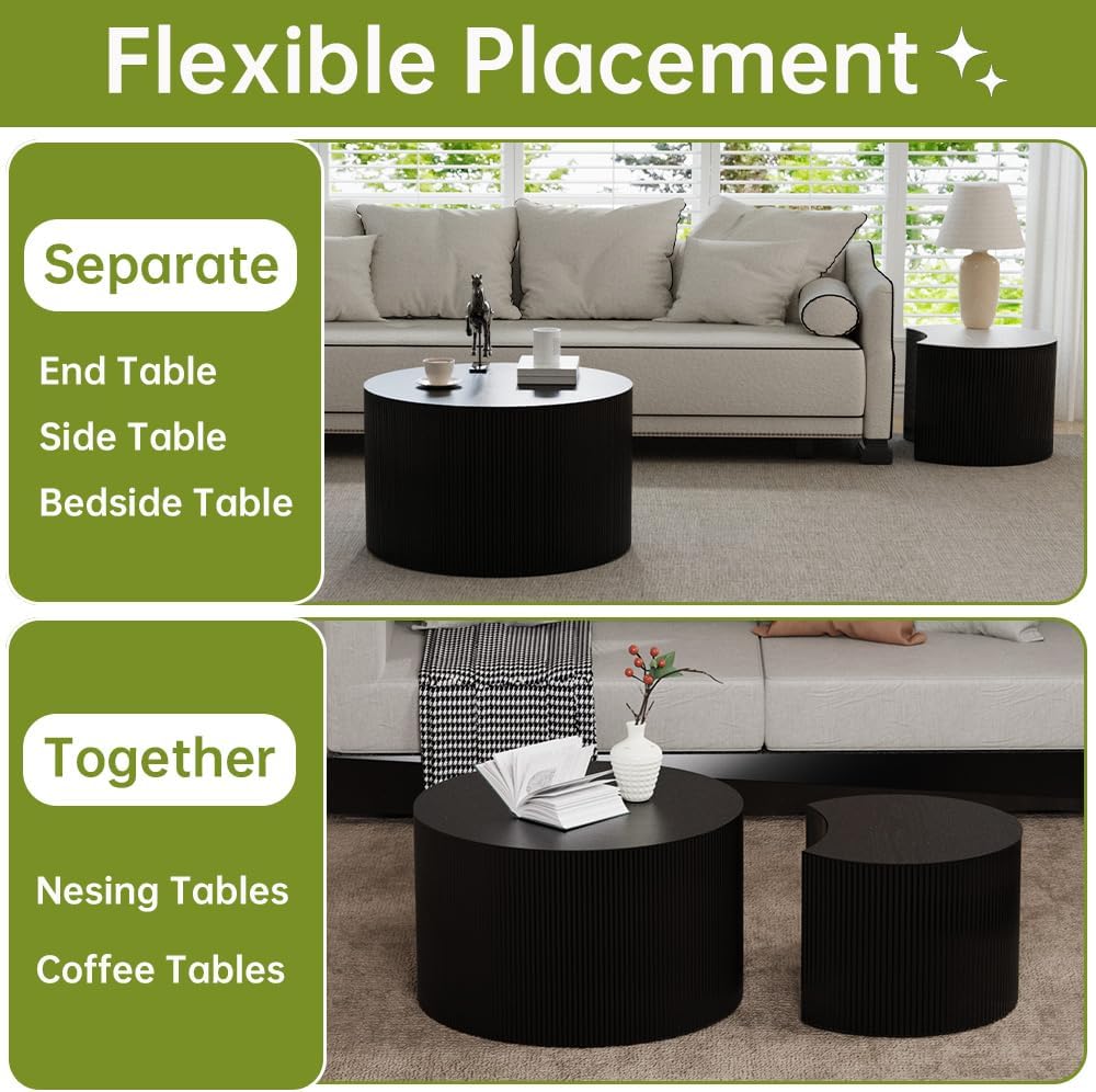 Round Nesting Coffee Table Set of 2 Small Round Coffee Tables for Living Room Modern Fluted Coffee Table Circular End Table Side Table for Small Spaces No Assembly (Black B, 27 in)