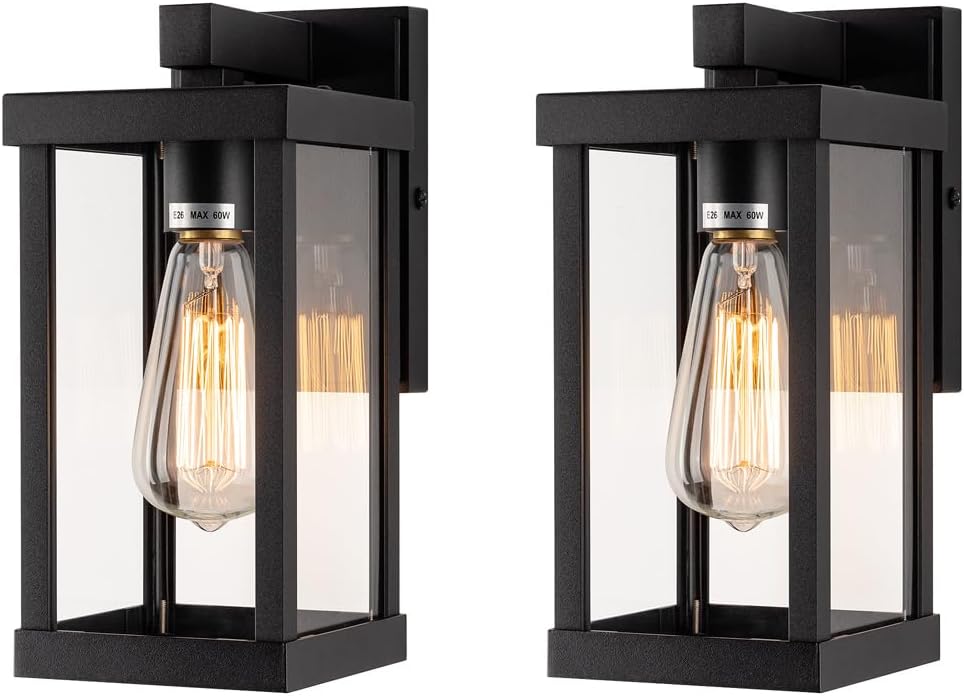 mirrea 11" Classic Outdoor Wall Sconce 1 Light in Matte Black Rectangular Metal Frame and Clear Glass Shade Waterproof Porch Light Patio Light Pack of 2