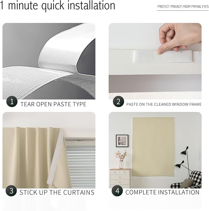 Room Darkening Curtains with Adhesive Backing Tool Free Hanging Window Drapes - Image 3