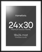 Homeforia Poster Frame 24x30 Black, High End Oak 24x30 Wooden Picture Frames with Mat 18x24 in Photo, 24 x 30 Large Wood Frame Matted to 18 by 24 Print, 30x24 Frame, Tempered Glass, Wall Kit, Set of 1