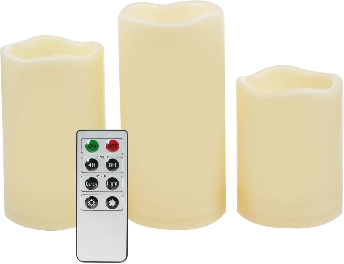 CANDLE CHOICE Waterproof Outdoor Battery Operated Flameless Candles with Remote Timer Plastic Realistic Flickering Fake Electric LED Pillars for Lantern Garden Wedding Christmas Decorations 3 Pack
