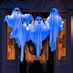 4 Pack Halloween Hanging Ghost Decorations, 27.5" Light Up Spooky Floating Ghosts with LED Glow, Waterproof Outdoor & Indoor Haunted House, Porch, Yard, Garden Party Decor