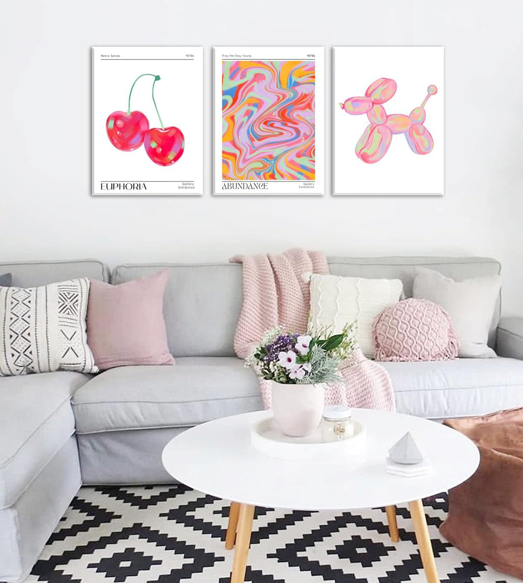 Framed Pink Preppy Wall Art Set of 3 Trendy Cute Balloon Dog Cherry Posters Abstract Aura Canvas Prints Modern Colorful Painting Retro Pop Art Decor Positive Picture for Living Room Bedroom 16x24in