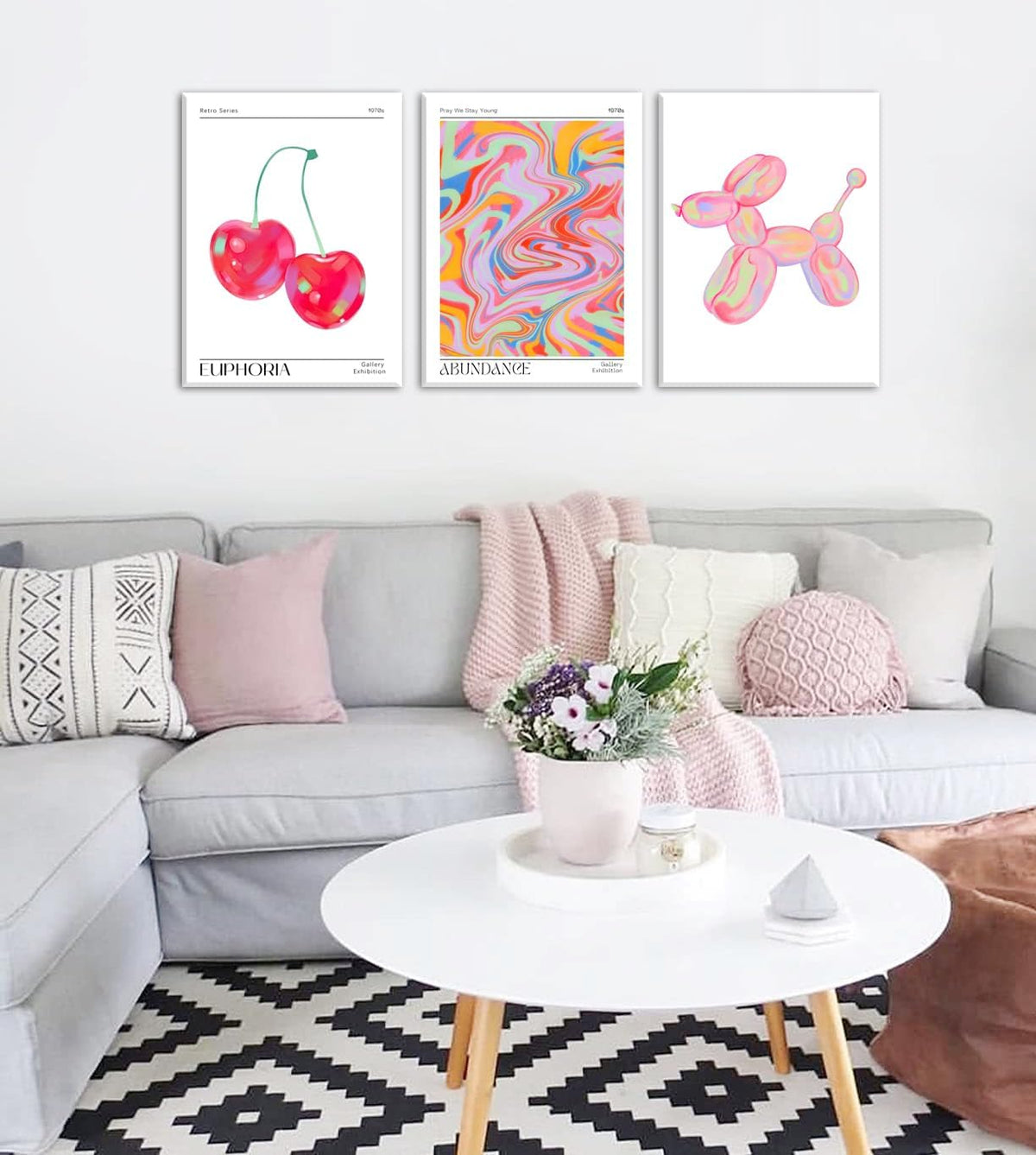 Framed Pink Preppy Wall Art Set of 3 Trendy Cute Balloon Dog Cherry Posters Abstract Aura Canvas Prints Modern Colorful Painting Retro Pop Art Decor Positive Picture for Living Room Bedroom 16x24in