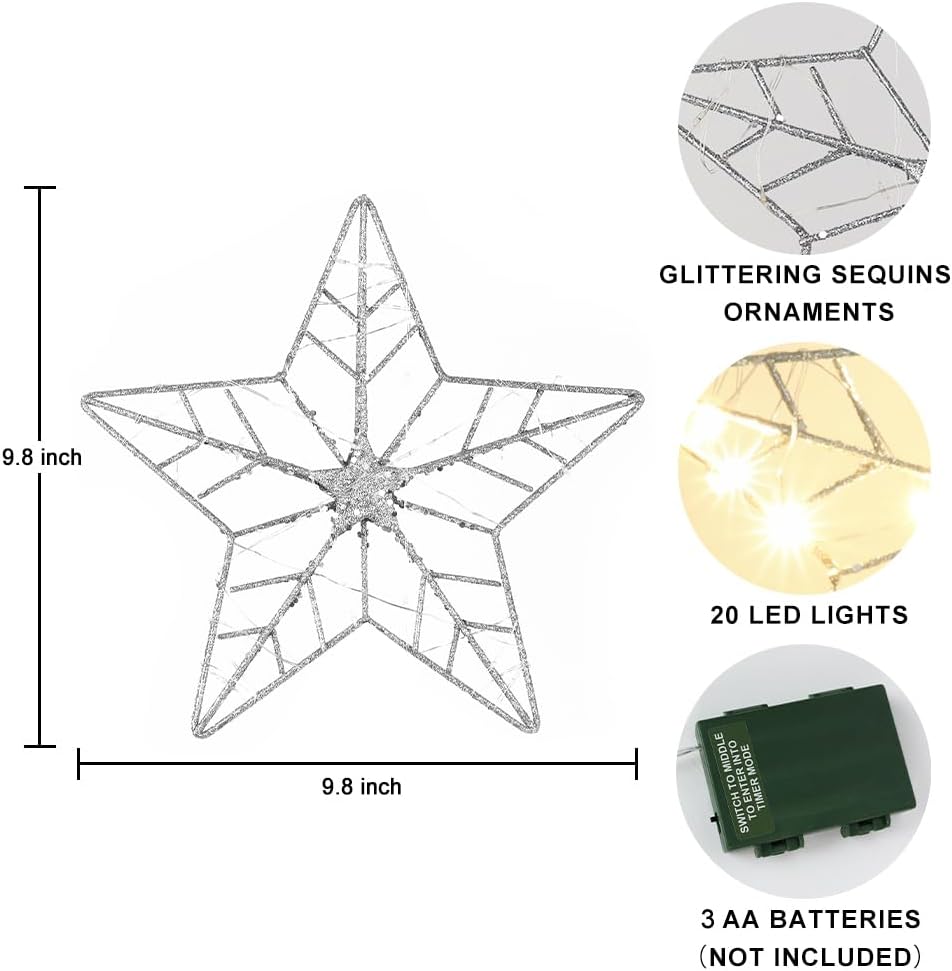 YEAHOME Christmas Tree Topper, Silver Glittered Hollow 5-Point Star Tree Topper for Christmas Tree Decorations, Lighted Wire Star with 20 LED Lights for Christmas Treetop, Xmas Tree Topper with Timer