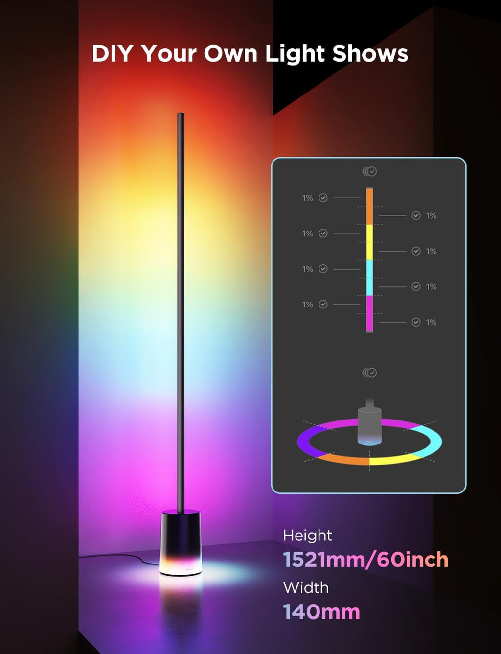 Govee Floor Lamp 2 with Matter, RGBIC, Warm Cool White LED, Alexa Compatible, 1725lm, Music Sync, Scene Modes, Smart Floor Lamp for Living Room, Bedroom, Black(1 Pack)