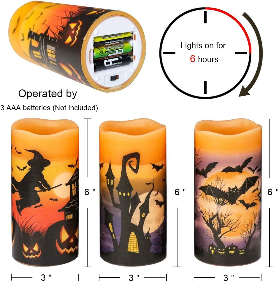 Wondise Halloween Flameless Flickering Candles with 6hrs Timer, Battery Operated Candles with Halloween Decals Real Wax LED Pillar Candles for Halloween Home Table Decor (3 x 6 Inches), Orange