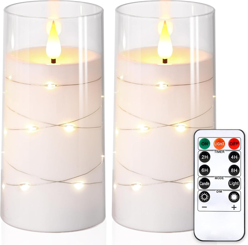 NURADA Flickering Flameless Candles: Built-in Star String Lights, Acrylic Battery Operated LED Pillar Candles with Remote and Timer for Romantic Mood Home Decoration - 2 Pack Pure White