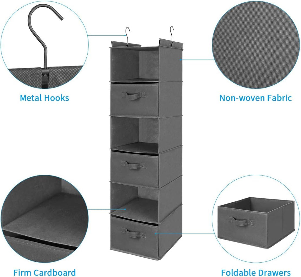 MAX Houser 6 Tier Shelf Hanging Closet Organizer, Closet Hanging Shelf with 2 Sturdy Hooks for Storage, Foldable (Grey-D3)