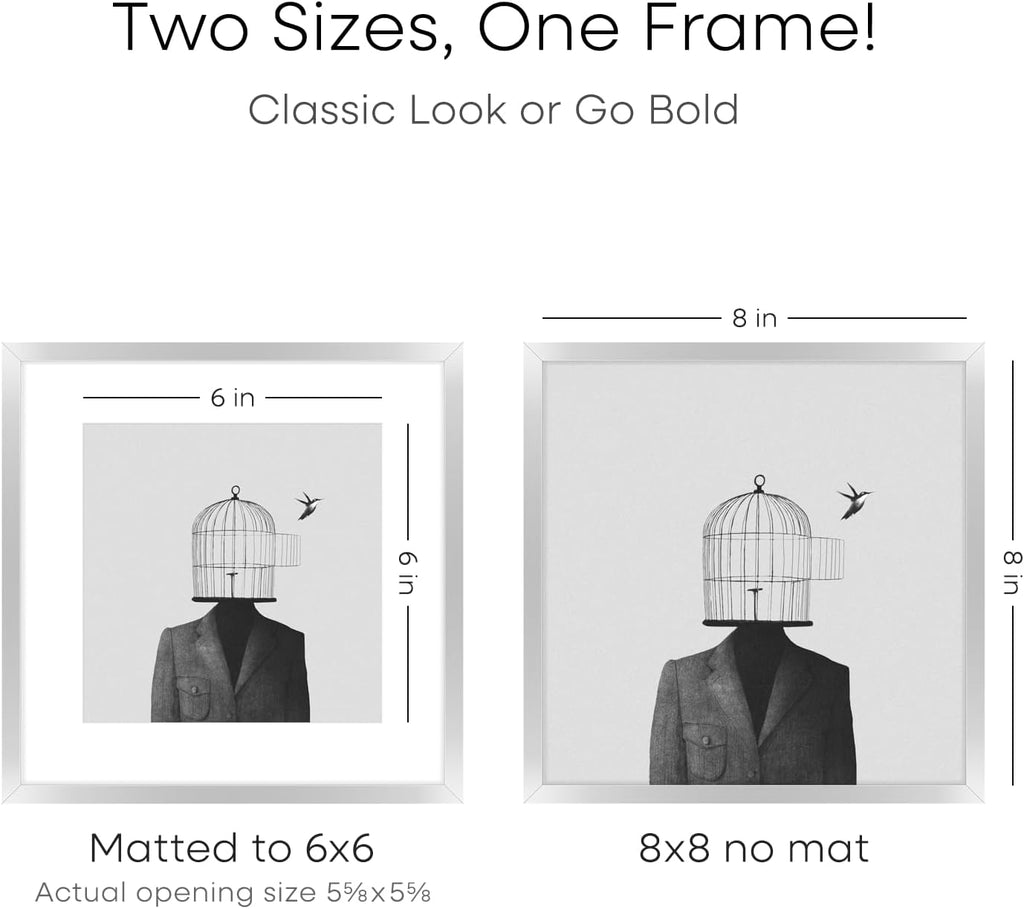 Homeforia 8x8 Silver Picture Frame, High End Metal 8 x 8 Square Frames with Mat 6 by 6 Photo, 8x8 Brass Frame Matted to 6x6 inch Print, 8by8 Wall or Tabletop Frames, Tempered Glass, Wall Kit, Set of 1