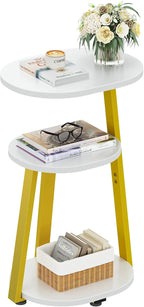 Side Table, Small End Table with Metal Frame, 3-Tier Bedside Tables, Round Side Tables for Living Room Bedroom Couch Bathroom, Oval, White