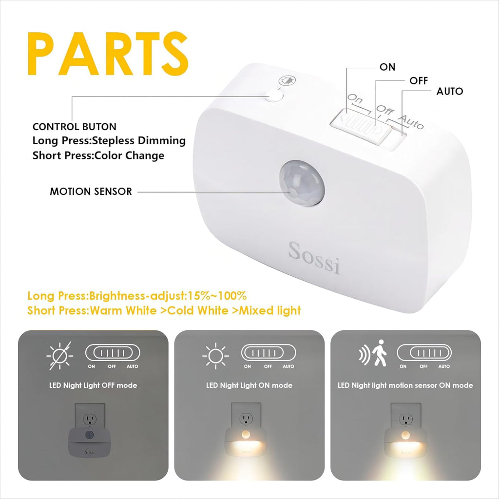 Sossi Motion Sensor Night Light Plug in 4 Pack,10-60Lm Stepless Dimming,3 Light Modes with Memory, Smart Night Lights Plug Into Wall Sensor,Dusk to Dawn Sensor for Bedroom,Toilet,Hallway,Kitchen