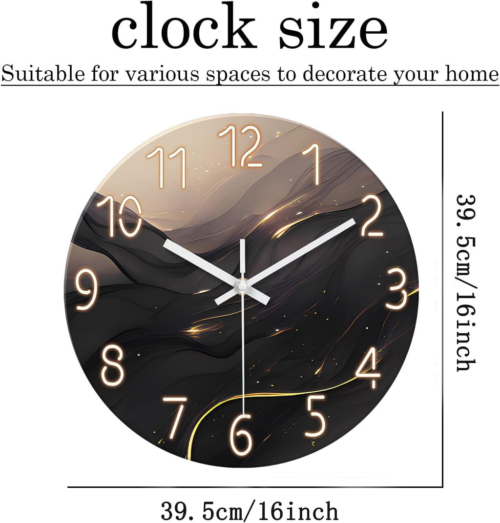 Large Wall Clocks Battery Operated 16 Inch Marble Glass Wall Clock for Living Room Black and Glod Wall Clock Silent Non Ticking