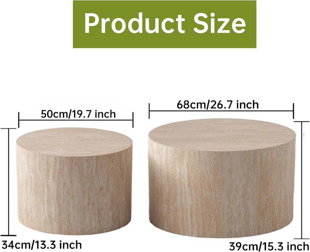 Round Nesting Coffee Table Modern Travertine Coffee Table Set of 2 for Living Room Circle Drum Coffee Tables Round Nesting Tables for Small Spaces (Travertine 26in)