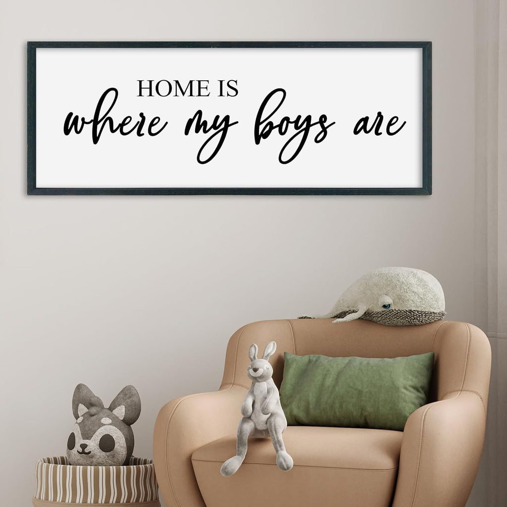 SRSZHIYUE Home Is Where My Boys Are Sign Wall Art Decor 40"×15" for Family Bedroom Large Wood Framed Wall Hanging (Black)