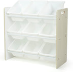 Humble Crew 9-Bin Toy Organizer – Hampton Sandwashed with White Plastic Bins, 3-Tier Storage Solution for Kids' Playrooms and Nurseries