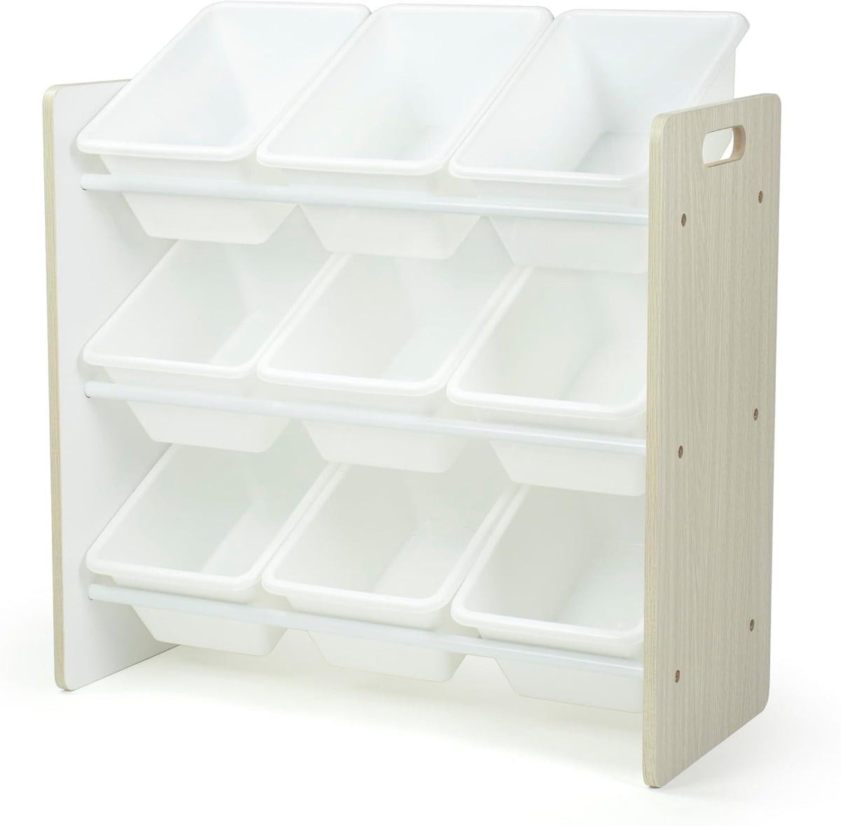Humble Crew 9-Bin Toy Organizer – Hampton Sandwashed with White Plastic Bins, 3-Tier Storage Solution for Kids' Playrooms and Nurseries