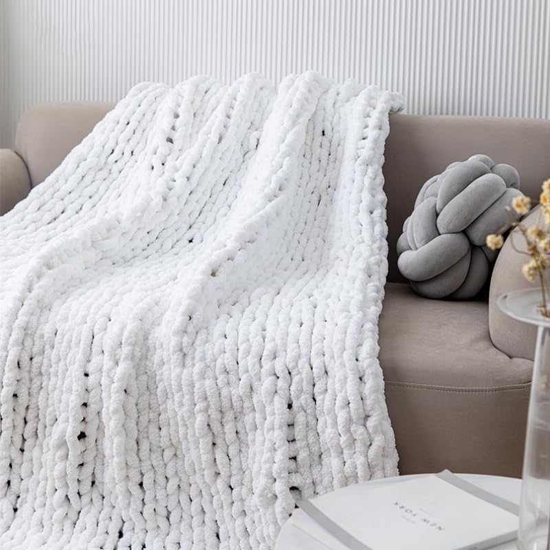 Chunky Knit Blanket Throw 40"*60", Hand Knitted Warm Chenille Throw Blanket, Home Decor Soft Thick Yarn Cable Knit Blanket, Soft Breathable Fleece Banket Christmas for Couch Bed Sofa Best Gift (White)