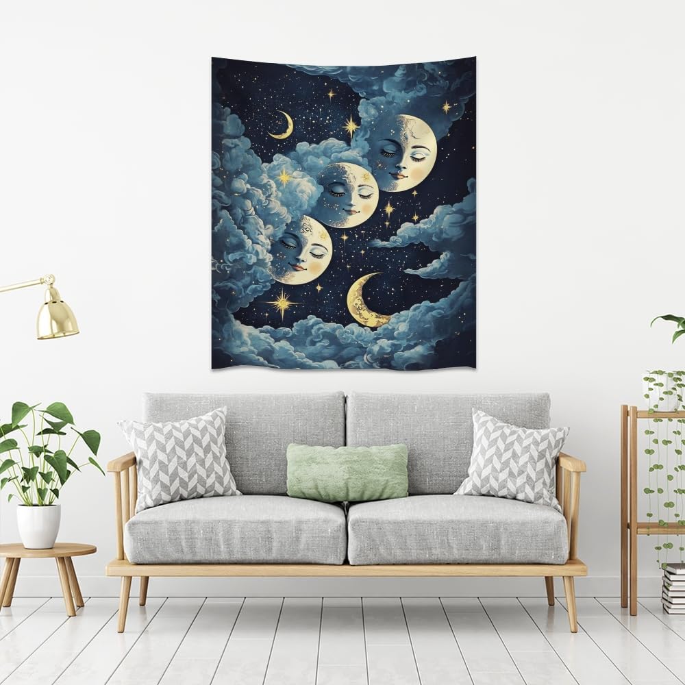 Blue Moon Faces Tapestry Celestial Wall Art Dark Academia Aesthetic Print Stars Clouds Tapestries Wall Hanging whimsical Gothic Home Decor for Bedroom Living Room 40x60inch