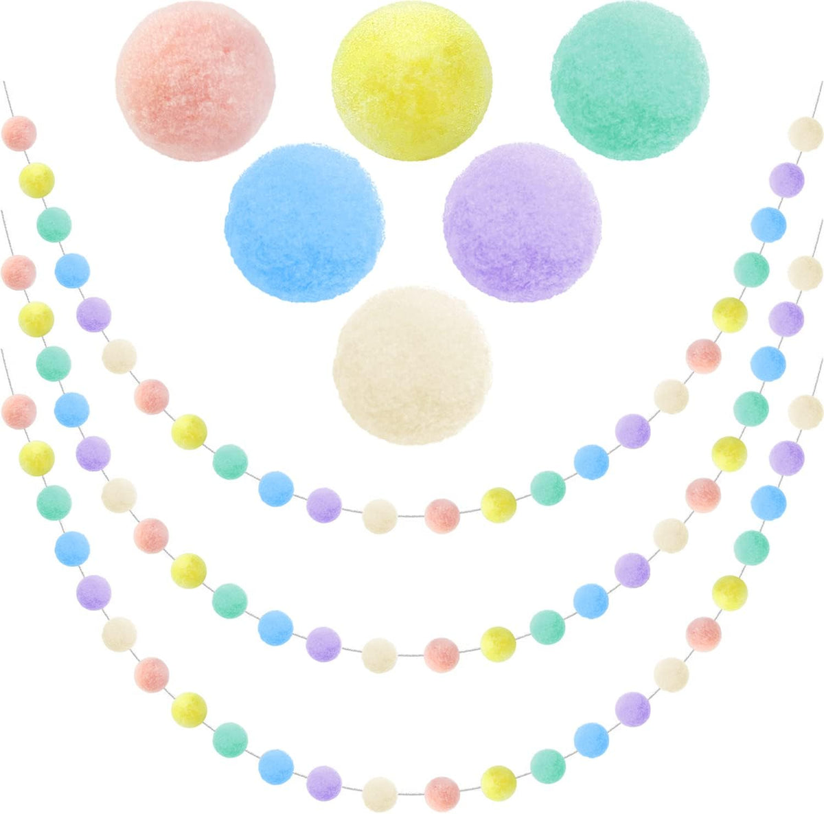 3pk Pastel Pom Pom Garland Easter Decorations Spring Home Decor Indoor Living Room Wall Classroom Xmas Tree, Cute Hanging Rainbow Colorful Felt Ball Garland Baby Shower Wedding Birthday Party Supplies