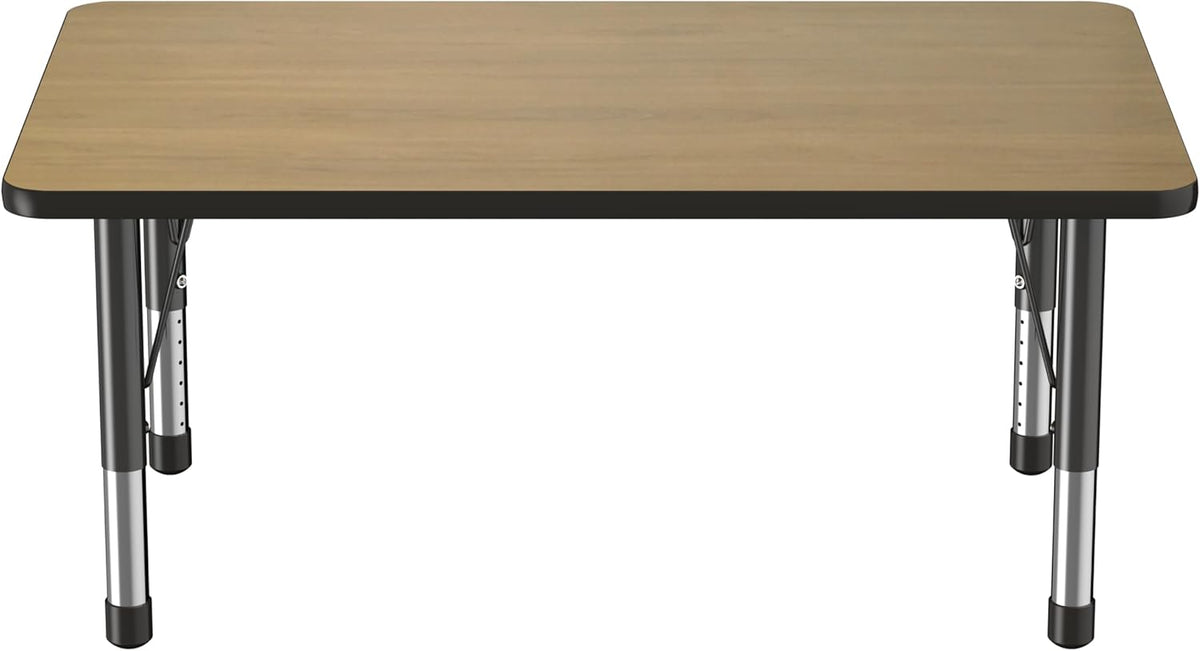 Factory Direct Partners FDP Rectangle (30 x 48 inch) Classroom Table with Adjustable Chunky Toddler Legs (15-24 in); Preschool, Kinder and Daycare Furniture - Pasadena Oak Top/Black Edge and Legs
