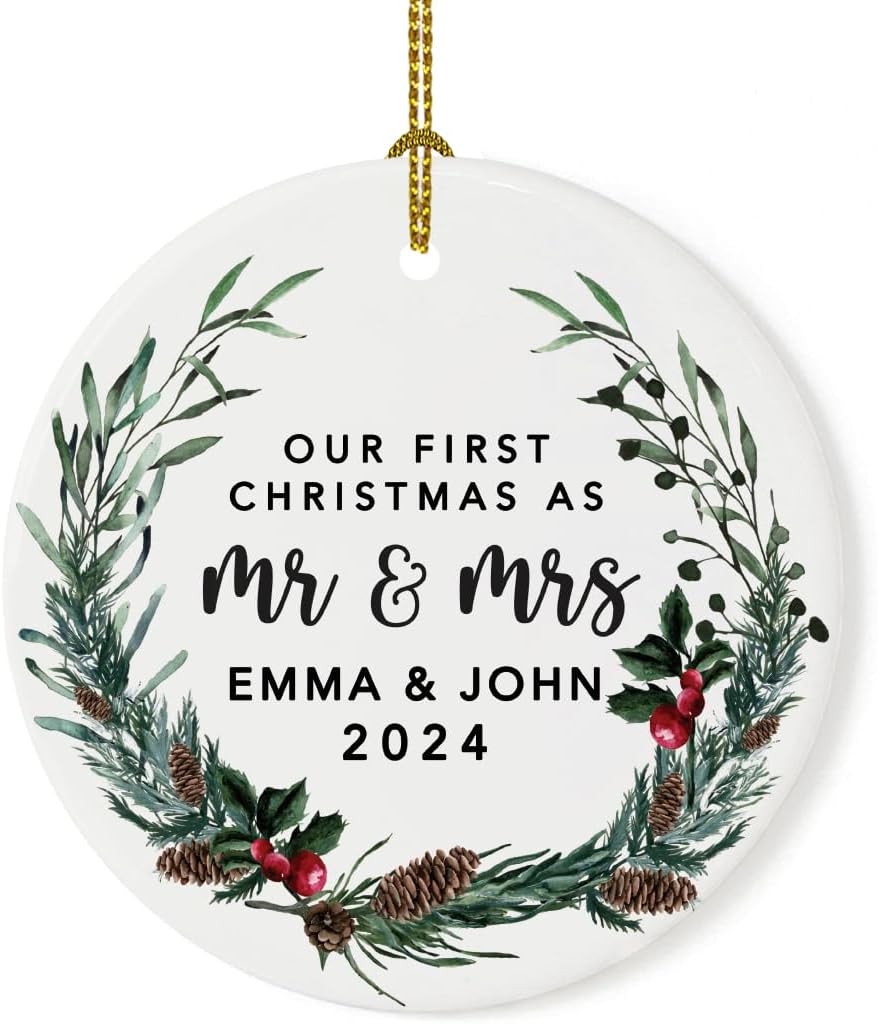 Andaz Press Personalized Our First Christmas As Mr. & Mrs. 2024 Christmas Ornaments Holly & Pinecone Wreath 2.8" Round Porcelain Ceramic 1St Year Married Custom First Christmas Married Ornament 1-Pack