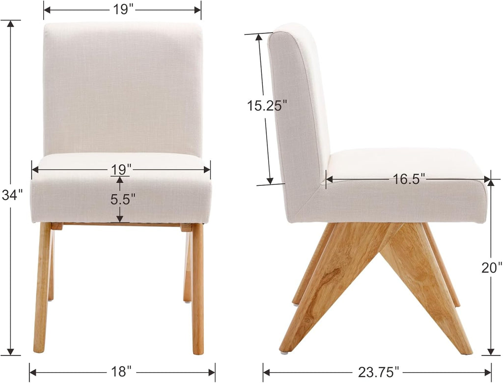 Mid Century Modern Farmhouse Dining Chairs Set of 2, Upholstered Armless Kitchen Chairs with Back and Wooden Legs, Linen Beige