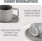 Large Cappuccino Cups with Saucers Set of 4, 8 Ounce Stackable Embossed Ceramic Coffee Mugs for Specialty Coffee Drinks, Latte, Cafe Mocha and Tea, Dishwasher & Microwave Safe (Grey)