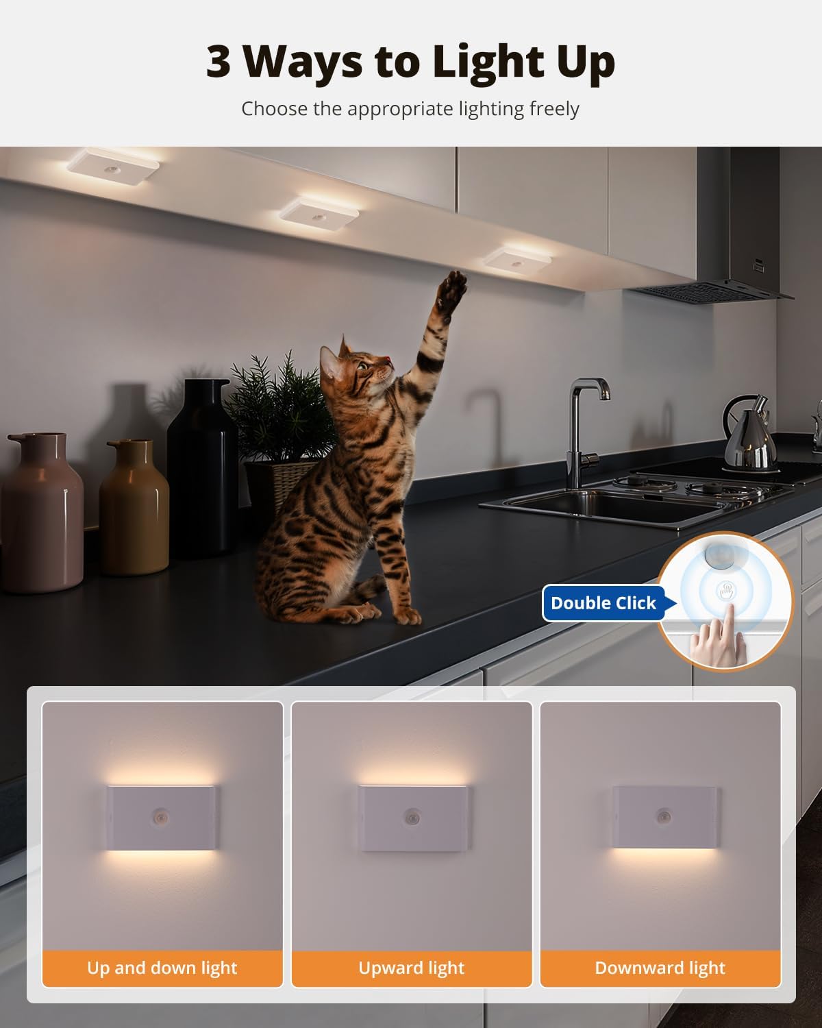 wowatt Rechargeable Motion Sensor Night Light, White Automatic Lights with Magnetic Mount, Dimmable Stair Lights Indoor for Stairway, Hallway, Kitchen, Bathroom(3 Packs)