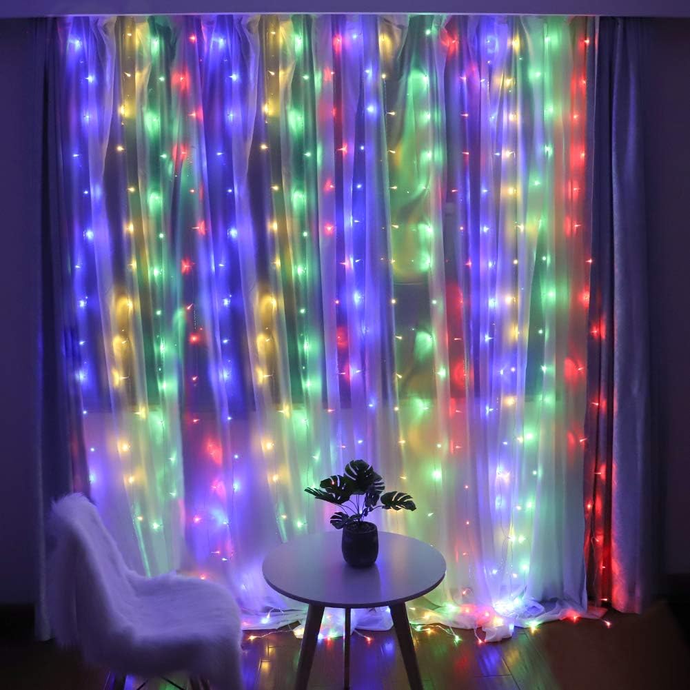 Fairy Curtain Lights,304 LED 9.8ftX9.8ft 30V 8Modes safety Window Lights with Memory for Home Wedding Christmas Party Family Patio Lawn Garden Bedroom Outdoor Indoor Wall Decorations(Multi ColoR)