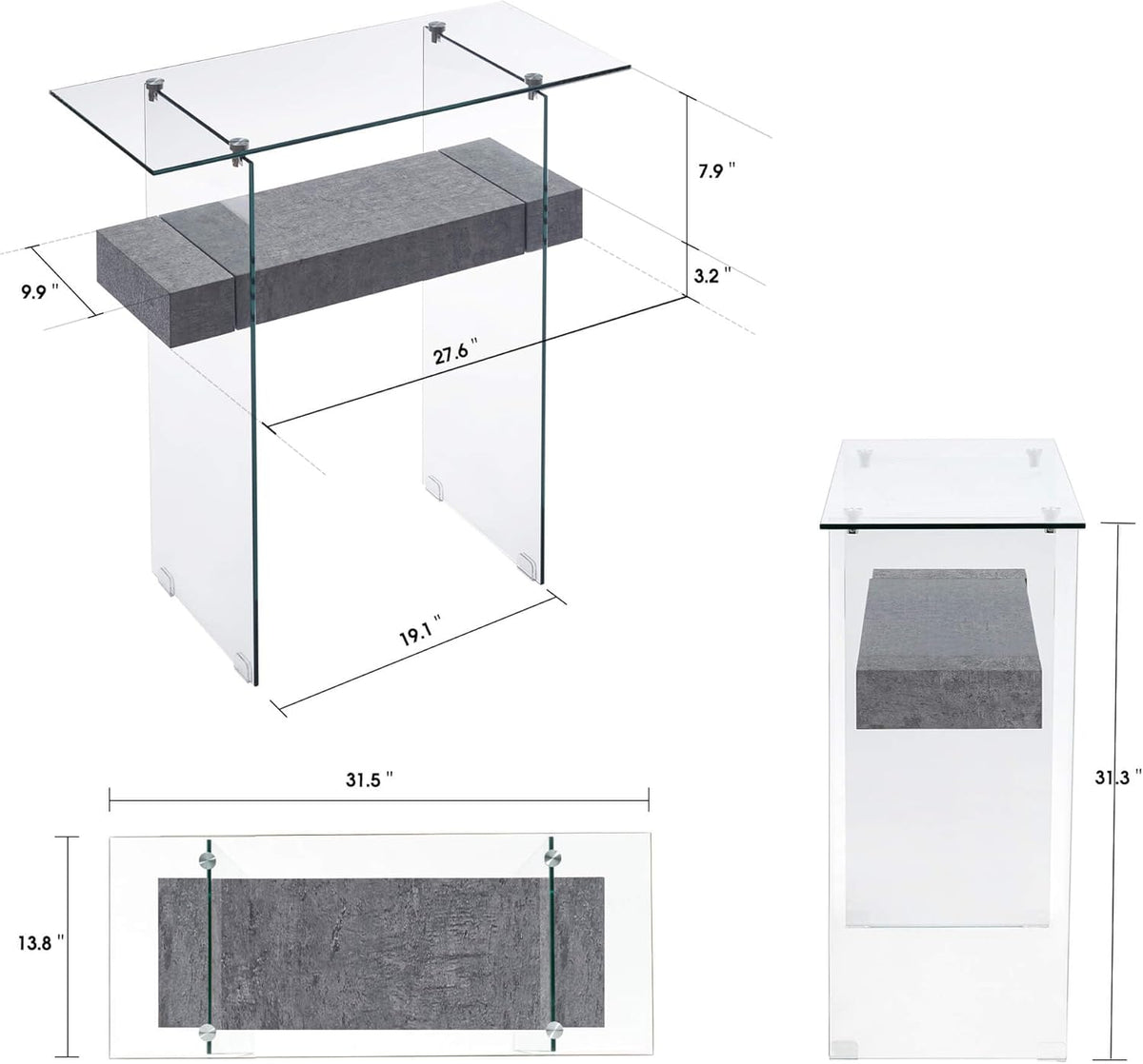 ivinta Narrow Glass Console Table with Storage, 31.5'' Modern Entryway Table with Storage Shelves for Living Room, Hallway, Foyer, Bedroom 5103 (Gray)