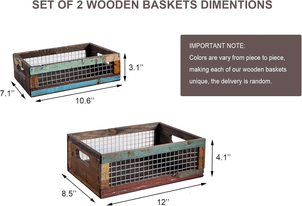 TIMRIS Set of 2 Rustic Wooden Countertop Baskets, Farmhouse Distressed Nesting Boxes, Small Decorative Wooden Storage Crates, Reclaimed Wood Organizer Baskets with Wire Mesh (Random)