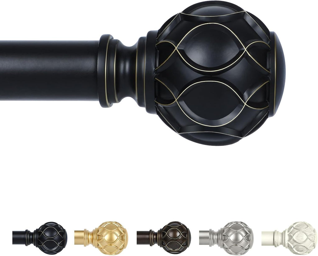 Black Adjustable Curtain Rods for Windows:18-60" Farmhouse Heavy Duty Curtain Rod for Bedroom Living Room,Boho Decorative Rustic Drapery Rods with Vintage Coastal Texture Finial,Matte Black