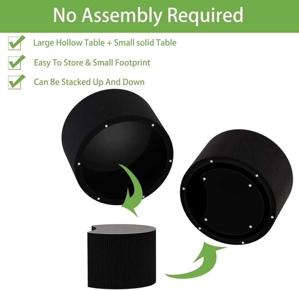 Round Coffee Table Set of 2, Nesting Coffee Table and End Table Set Small Circle Drum Side Table for Living Room Office, No Assembly (D Black Crescent)