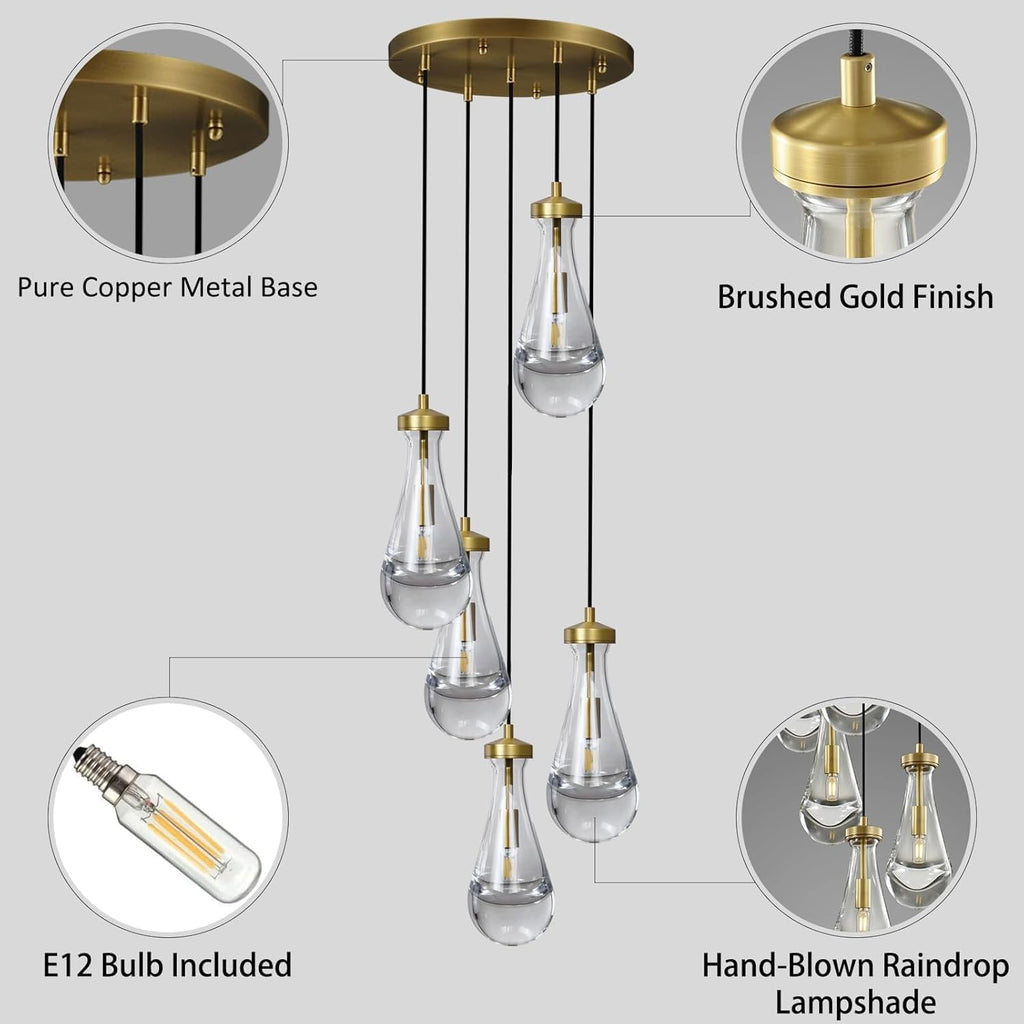 Gold 5 Light Cluster Pendant Lighting, Raindrop Chandeliers Brass Dining Room Lights Fixture, Teardrop Pendant Lights Kitchen Island, Hanging Lamp Ceiling for Entryway Foyer Staircase