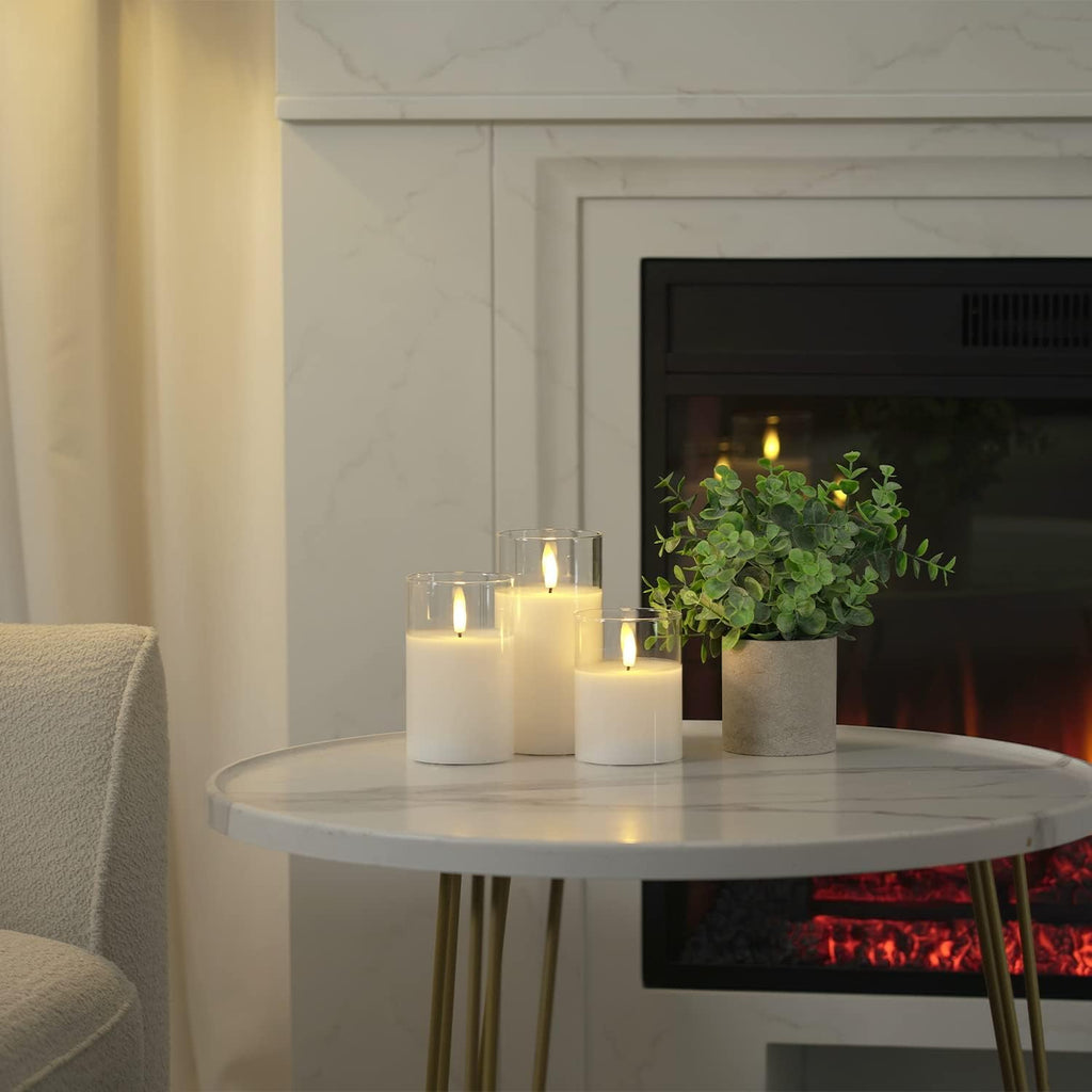 Homemory Clear Glass Flameless Candles, Pure White Wax Battery Operated Candles, LED Pillar Candles with Remote Control and Timers, D3 H4 5" 6", Set of 3
